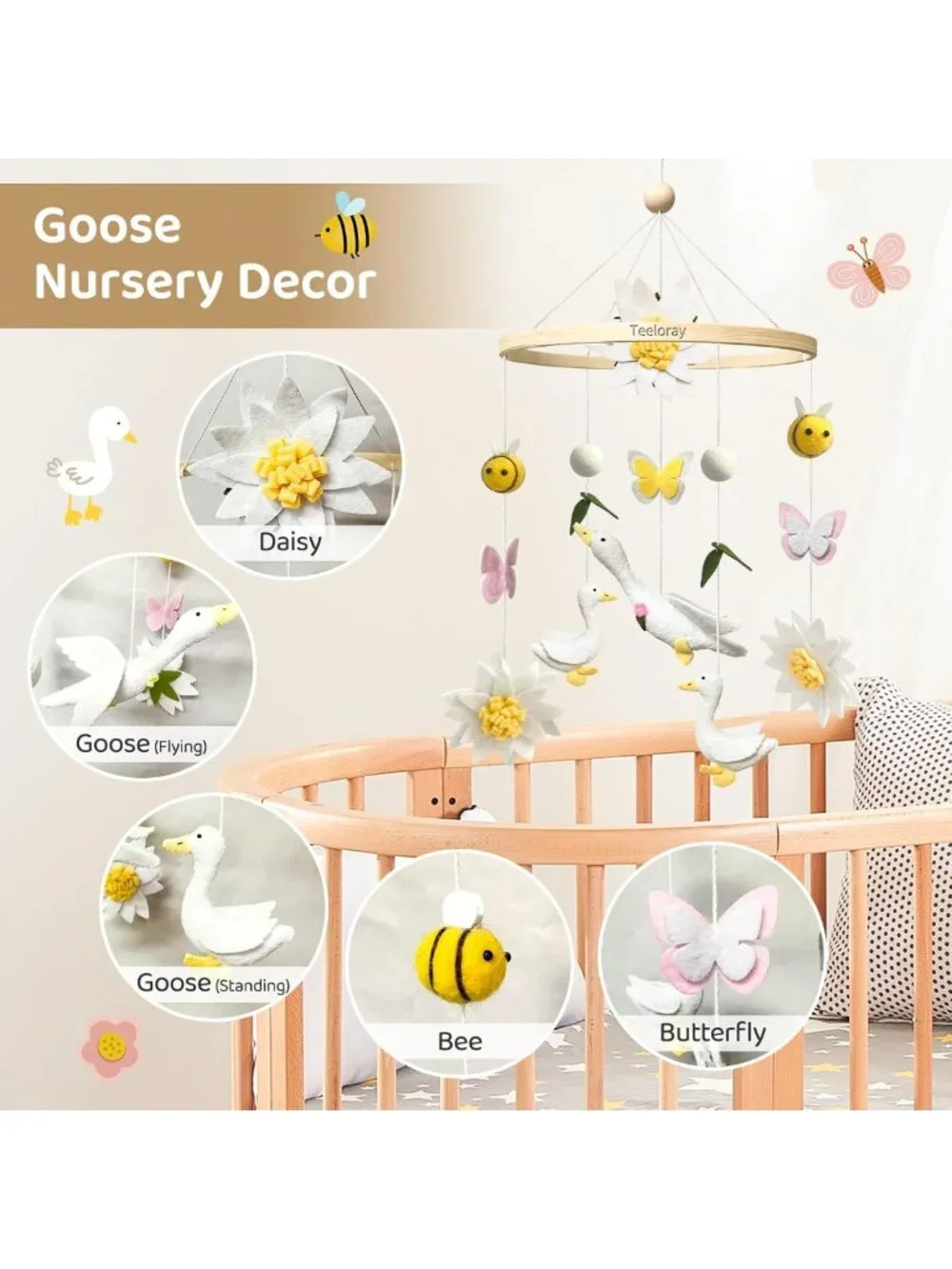 Handmade Baby Mobile for Crib - Felt Nursery Decor, Floral Butterflies & Bees